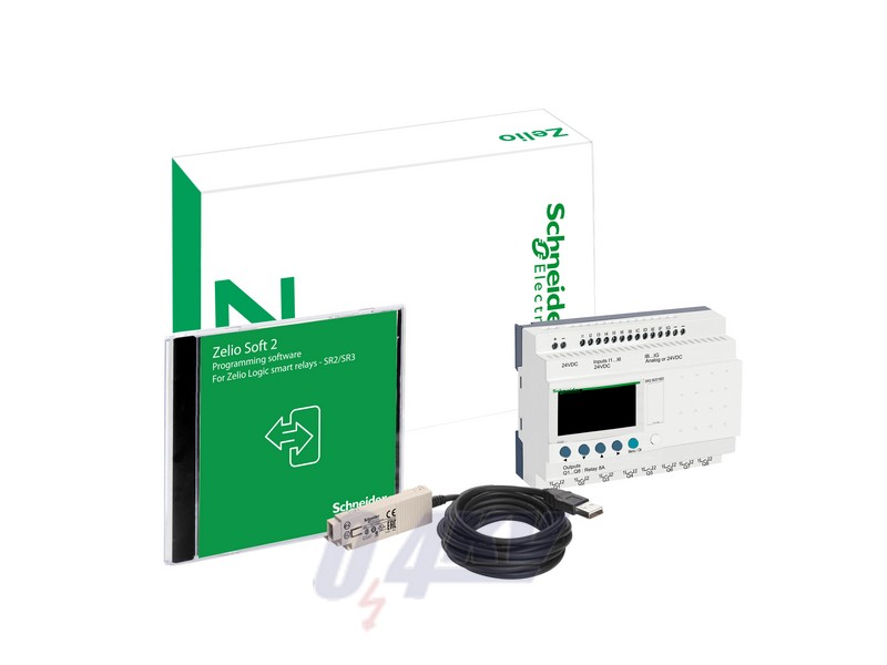 Zelio Logic komplett fejlesztői készlet, 20 I/O LCD 24 VDC (SR2B201BD + Zelio Soft 2 szoftver + programozó kábel)