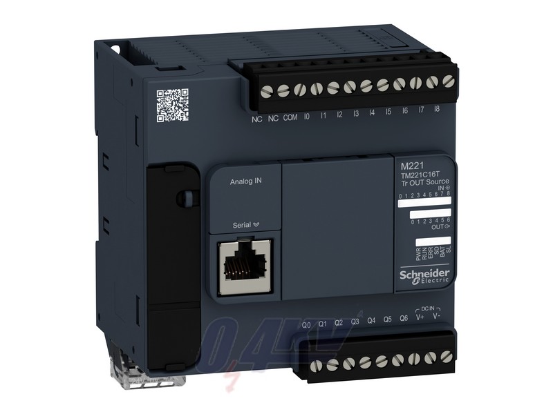 Modicon M221 gépvezérlő PLC, 16 I/O, tranzisztor (source) kimenet, RS232/RS485, 24 VDC