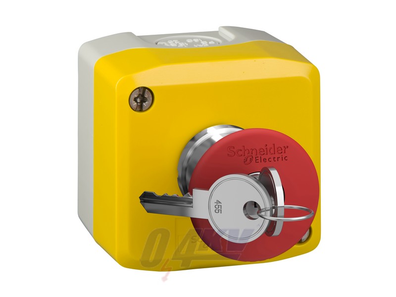 Harmony XALK tokozott vészgomb, sárga, 1 piros gombafejű azonnali nyomógomb, kulccsal kioldó, 1NC+1NO, felirat nélkül